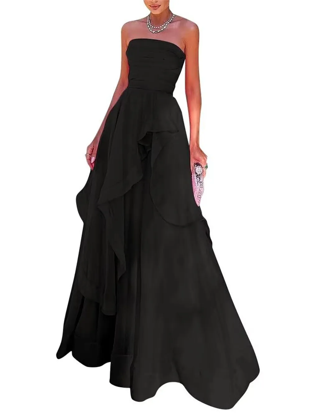 Strapless Long Prom-jurken Chiffon Ruffles A-Line veter-up plus size formele gelegenheid avondfeestjurk PD18