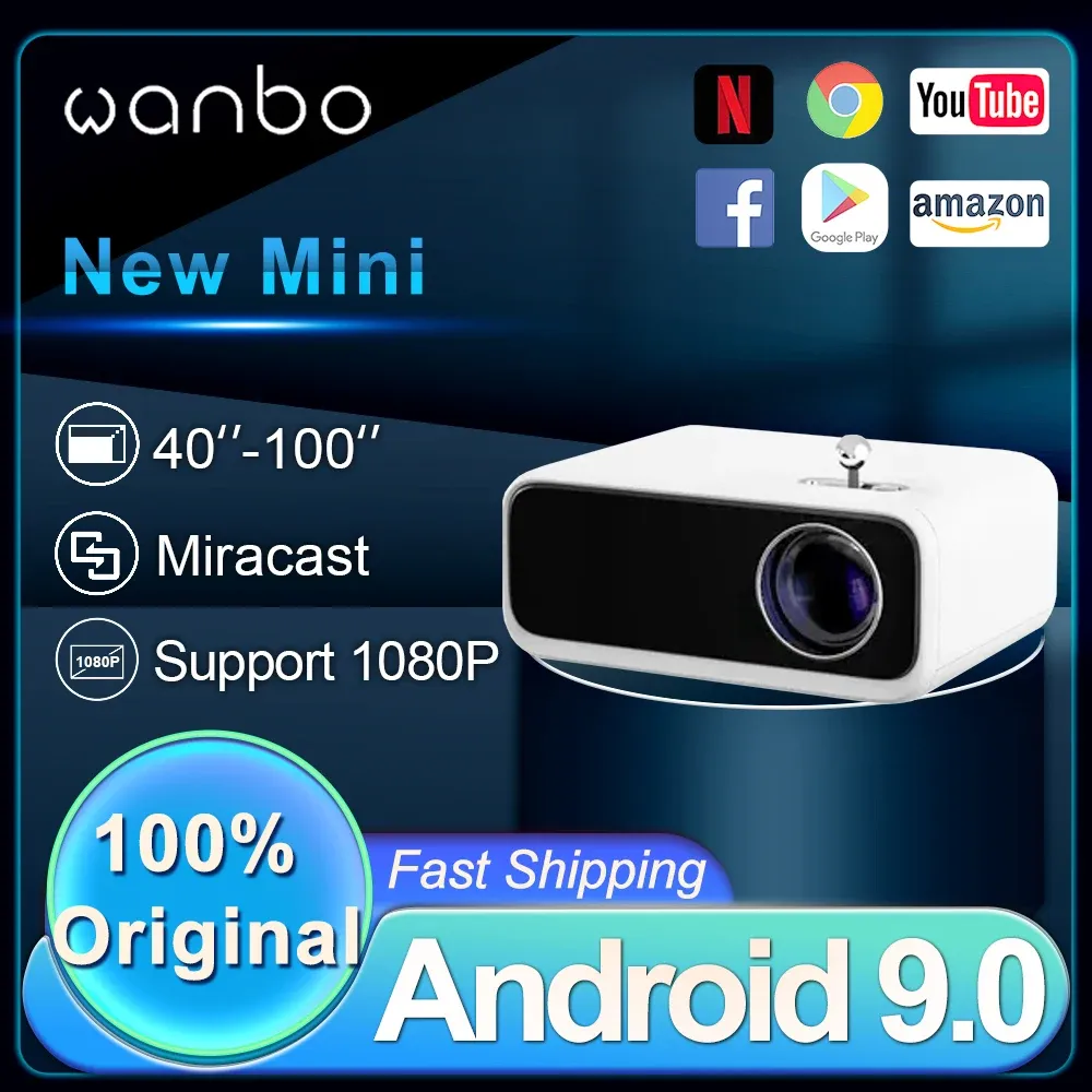 Sistem Wanbo Mini Smart Protable Projektör 250ansi Lümen Destek HD 1080P Multimedya Global Android 9.0 Ev/Ofis Tiyatrosu Beamer