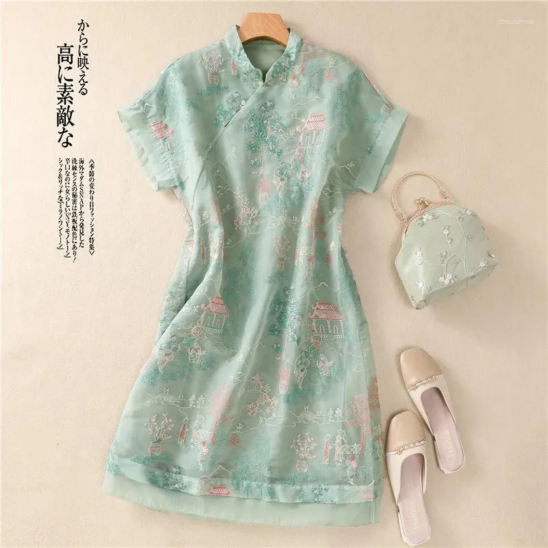 Partykleider Limiguyue chinesischer Stil Sommer Blumensticke Mini Kleid Frauen Seiden Ramie Raglan Sleeve A-Line Vestidos E617