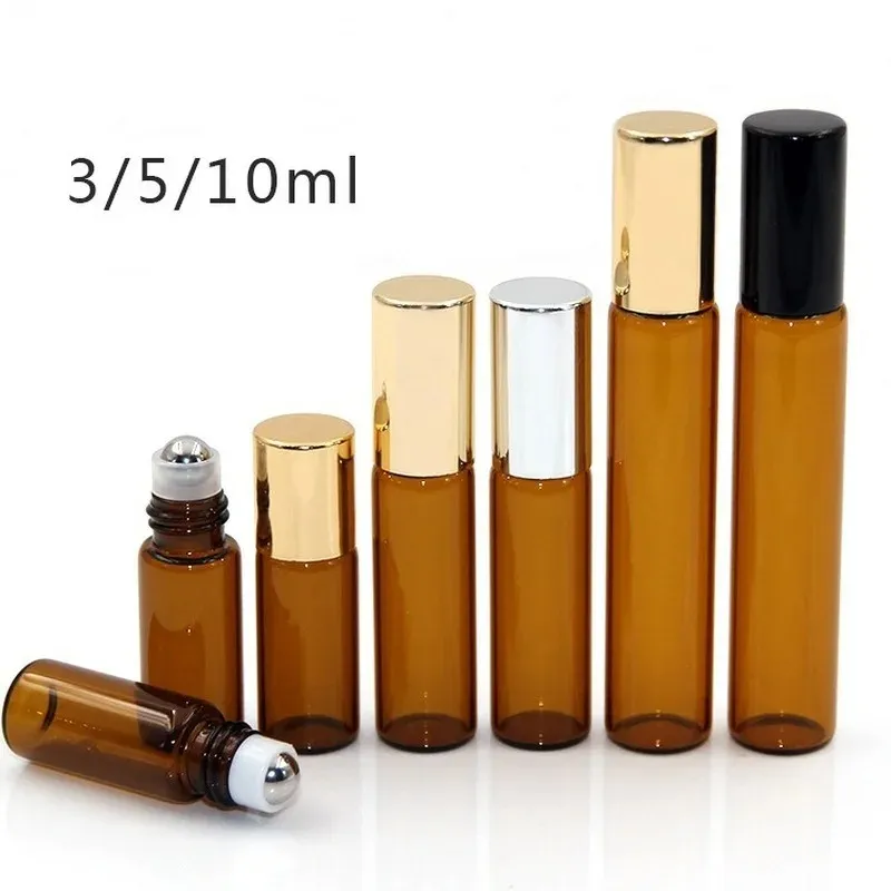 5pcs/lot 1ml 2ml 3ml 5ml 10 ml Amber Dünnglas Rolle auf Flasche mit Glas/Metallkugel Brauner Rollen ätherische Ölfläschchen