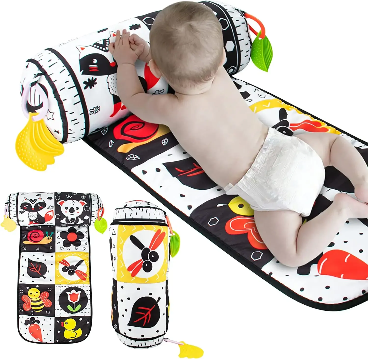 Dolls Tummy Time Pillow & Play Mat 2 in 1, Black and White High Contrast Baby Toy with Teethers Vision Sensory Tummy Time Baby Toy