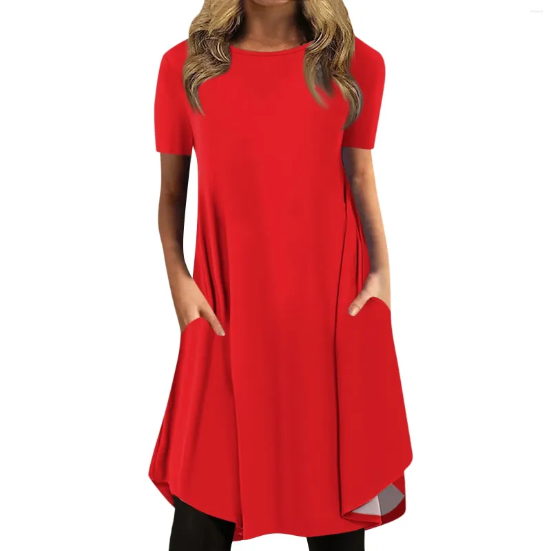 カジュアルドレス2024女性のファッションソリッドカラーラウンドネックプルオーバールース半袖ドレス