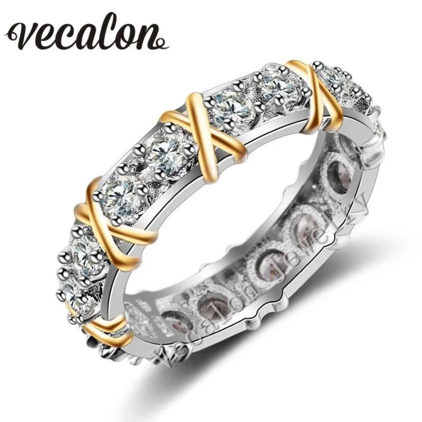 Vecalon Moissanite 3 colori gemma simulato Diamond CZ Impegno anello della merda nuziale per donne 10kt bianco giallo oro pieno femmina r232m
