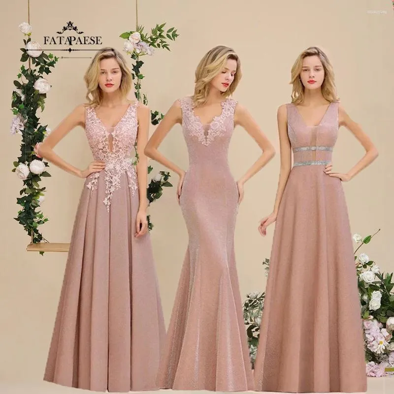 Robes de fête fatapaese élégant rose poussiéreux long une ligne soir v cou de cou applique robe de mariage robe formelle demoiselles d'honneur