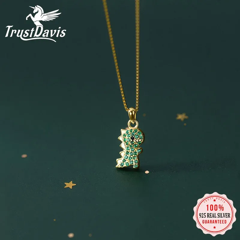 Necklaces TrustDavis Real 925 Sterling Silver Cute Monster Dinosaur Green CZ Choker Necklace For Women Wedding Birthday Fine Jewelry DB010