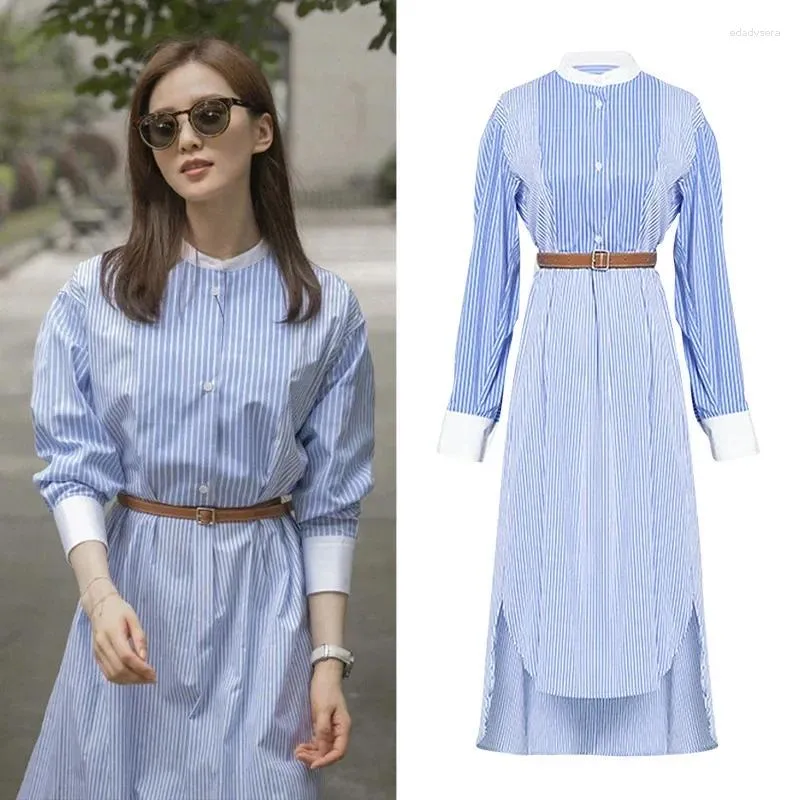 Casual Dresses Dress Women's Blue and White Standed Shirt French Spring Autumn Midje Stängstil Långa kvinnor