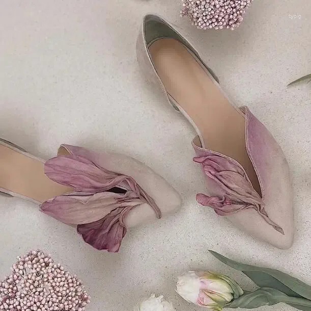 Casual Shoes Pure Hand Made Retro Pink Green Suede Petal Ladle Women Pointed Toe Genuine Leather Hollow Slip On Comfortable Flat