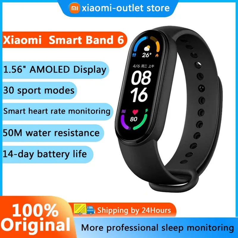 Wristbands Xiaomi Band 6 Smart Bracelet 5 Color 1.56" AMOLED Colorful Screen Blood Oxygen Fitness Traker Heart Rate Bluetooth Smart Band