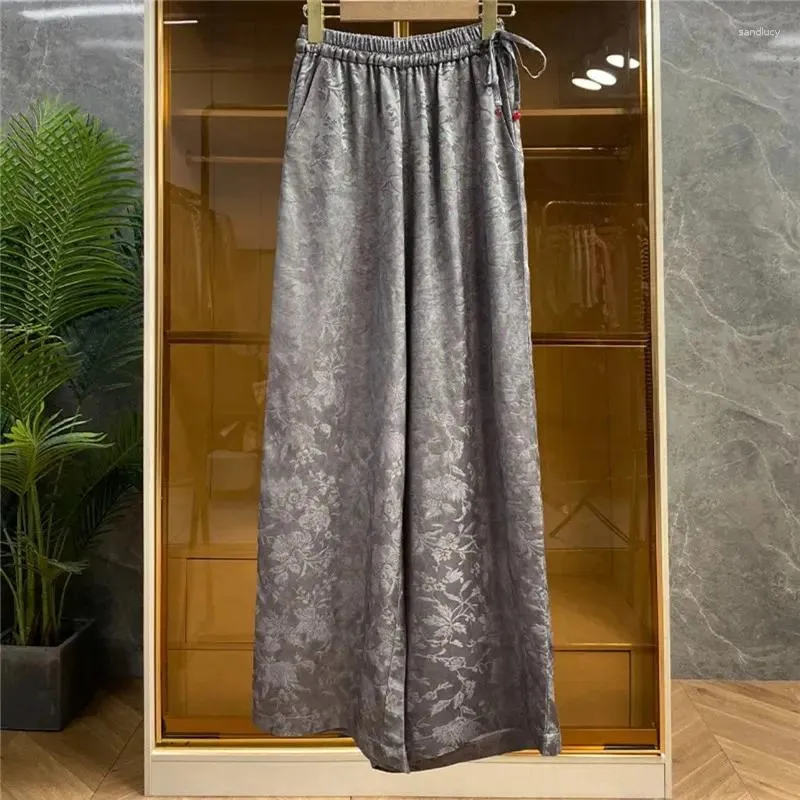 Frauenhose Limiguyue Französische Seidensatin Jacquard Schnürung elastischer Taille Drape Wide Legs Hosen Frauen Literarische Frühlings Sommer Pant Z072