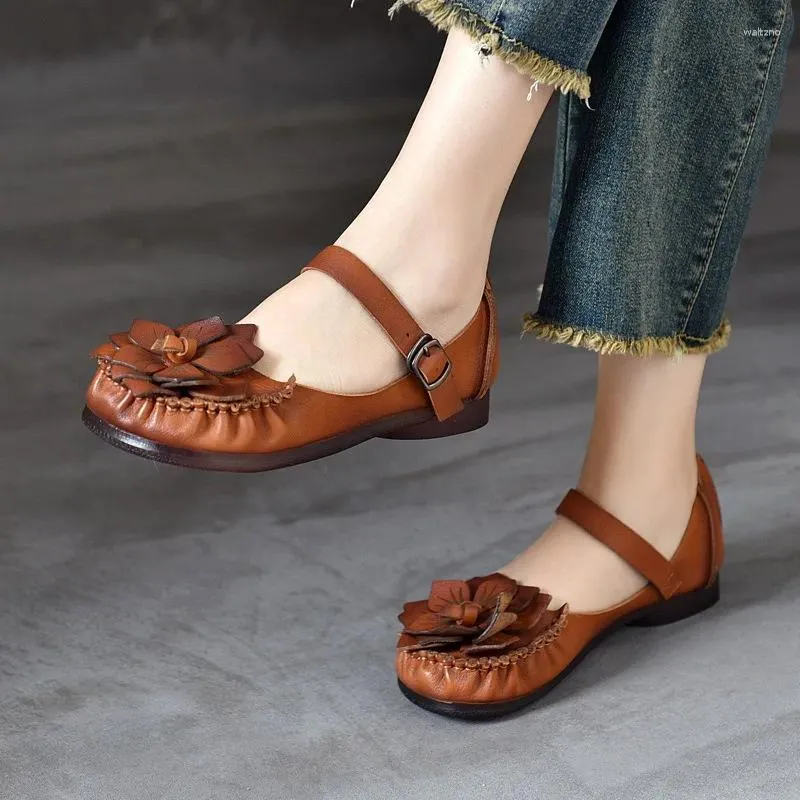 Sıradan ayakkabılar Birkuir büyük çiçek Mary Jane kadınlar için gerçek deri toka daireler düşük topuk yaz kapalı ayak parmağı sandalet lüks kadın