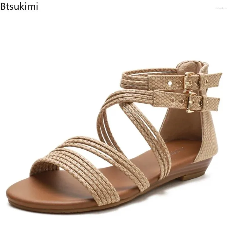 Casual Shoes Fashion Women's Rome Sandals Cross Straps Open Toe Low Heel Flat Comfort Soft Bottom Summer Ladies Sandalias