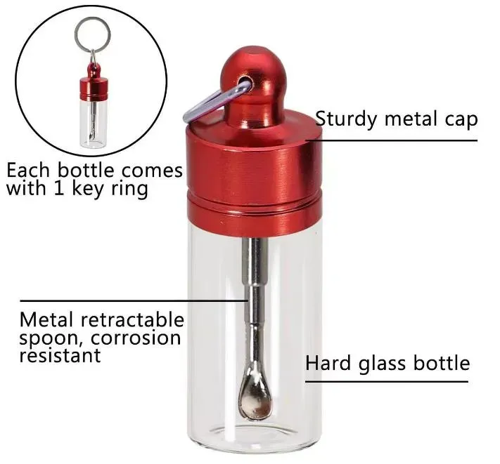 Glass Snuff Bottle Smoking Snorter with Spoon Key Ring Sniffer Snuffer Stash Storage Box for Dry Herb Tobacco Wax Oil Rigs Dabber Spoon Holder Accessories