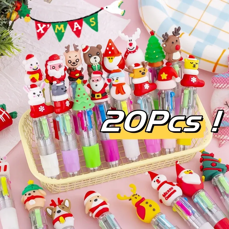 Pennor 20st/Lot Kawaii Cartoon 4 Color Mini Ballpoint Pen Söt Jultyp Multicolor Marker Pens School Office Stationery Supplies
