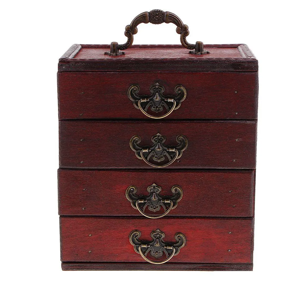Устройство ювелирных изделий Antique 4 слоя хранения коробки коробки сокровища грудь деревянные арт.