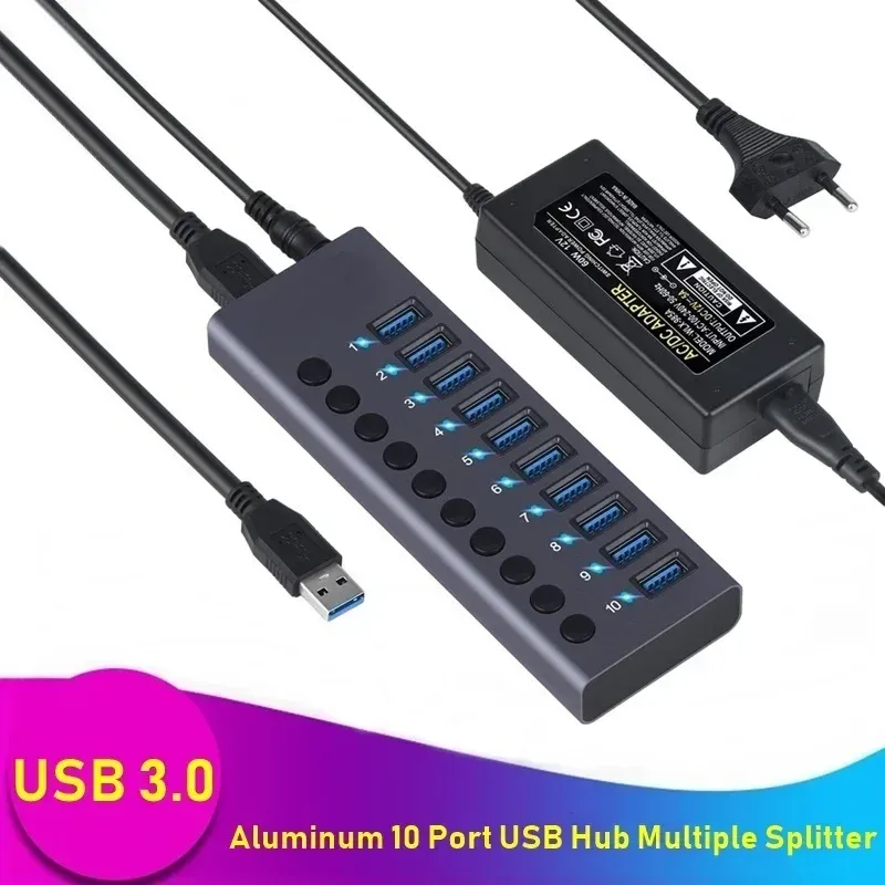 Nav aluminium USB 3.0 USB -nav 10 portar USB Multipel splitter höghastighet expander med 12V 5A Power Adapter för MacBook Pro Computer