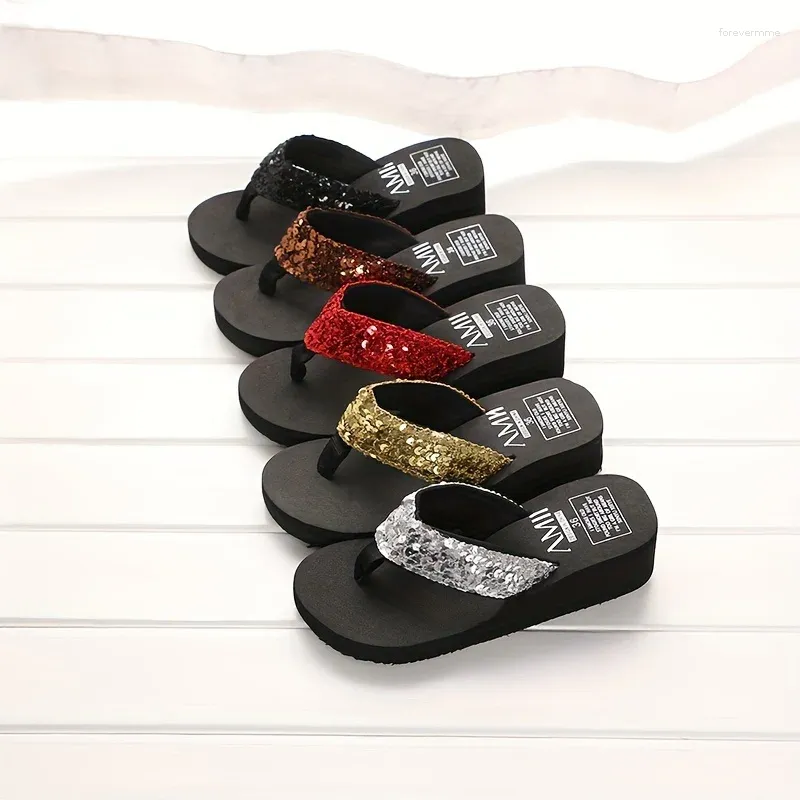 Casual Shoes Women's Sequin Flip Flops - Comfortable Clip Toe Platform Beach