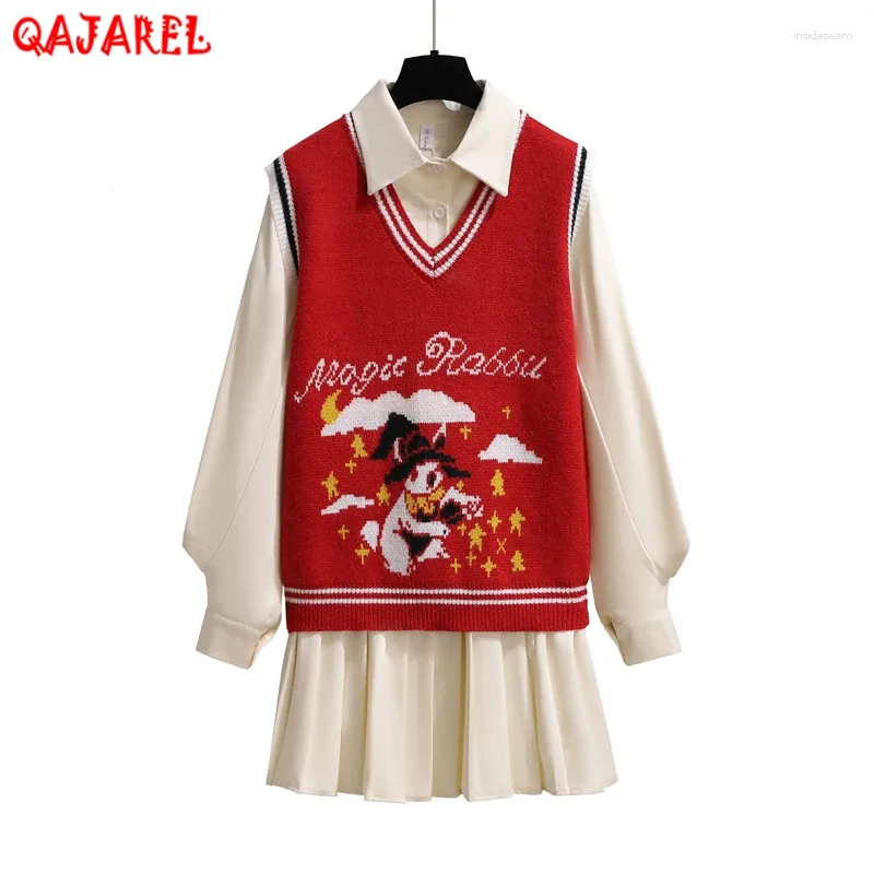 Work Dresses 2024 Korean Fashion Two Piece Dress Sets Women White Chiffon Long Sleeve Shirt Red Knitted Cotton Sweater Vest