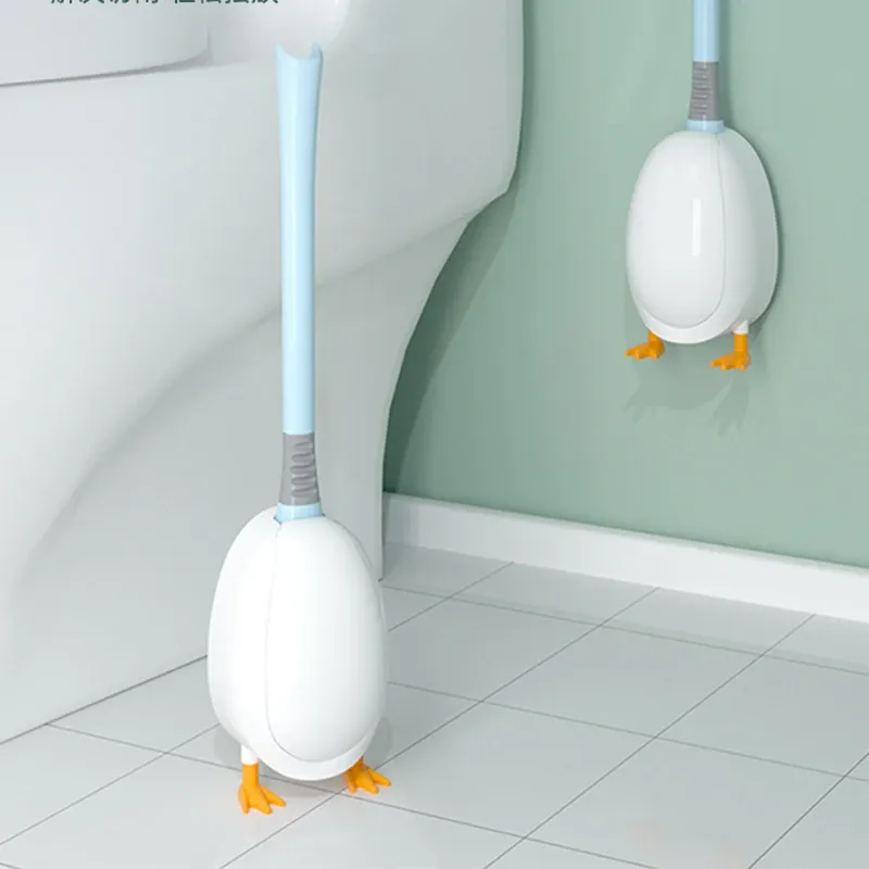 Sätt söt dykande anka stil toalettborste väggmonterad golvstående silikon toalettborste med bas badrum rengöring borste set