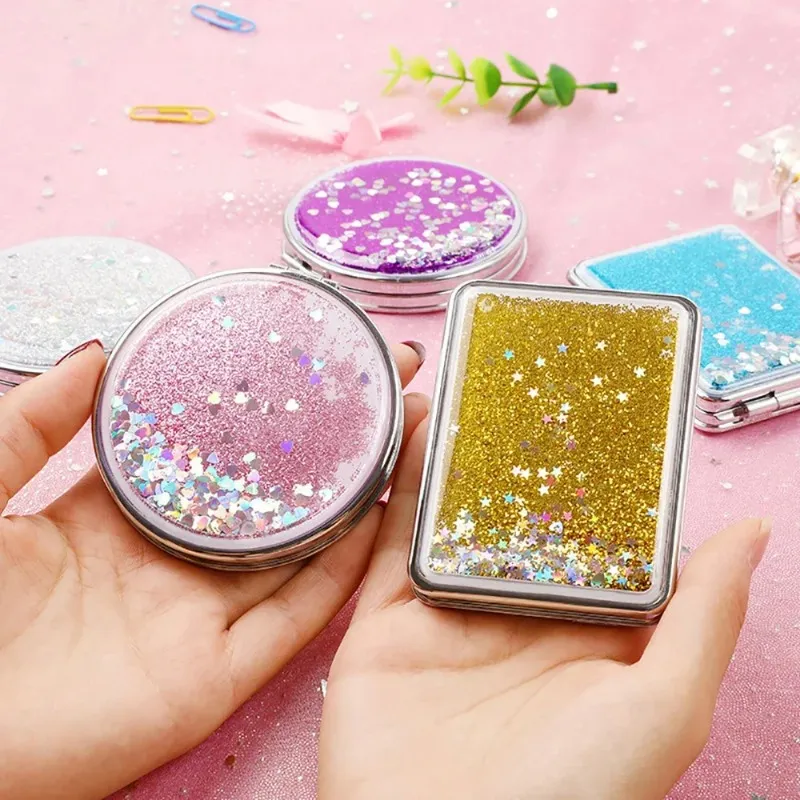 Shiny Quicksand Makeup Mirror Cute Double Sided Pocket Mirror Girls Outdoor Portable Foldable Mirror Creative Small Gift