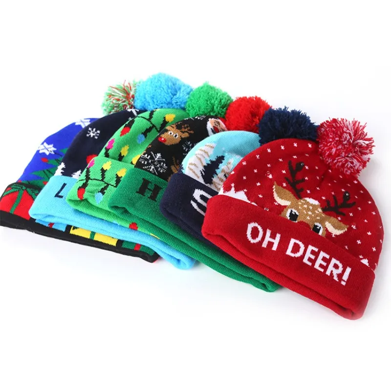 Trendy Winter Knitted Beanie Hats For Adult Kids Colorful Cute Cartoon Santa Claus Hat LED Shining Hats New Year Christmas Gift HCS198