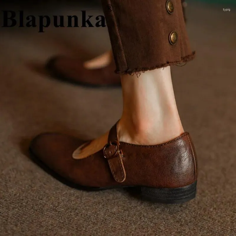 Casual Shoes Blapunka Retro Genuine Leather Women Mary Janes Flat Vintage Belt Strap Metal Buckle Round Toe Spring Footwear 34-40