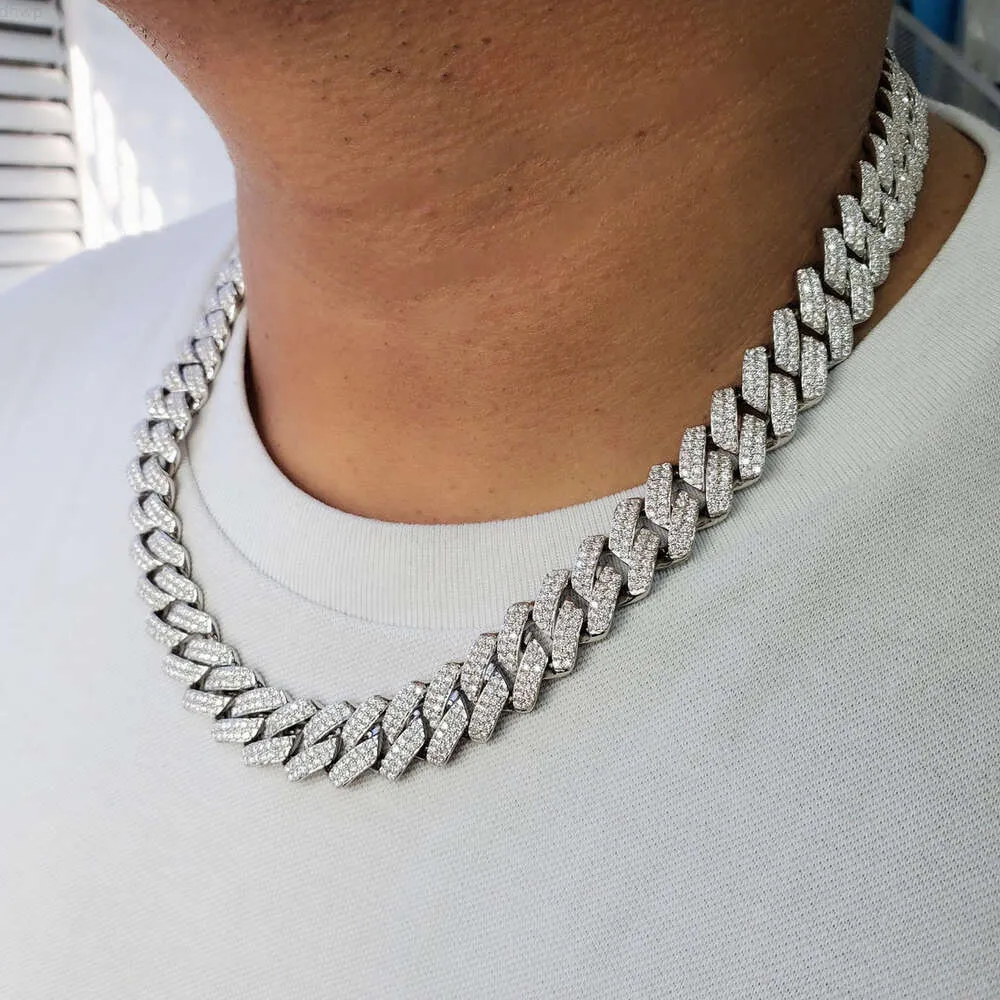 Fashion 925 argent sterling 12 mm Moissanite Diamond Iced Out Hip Hop Bijoux Moisanite Cuban Link Chain