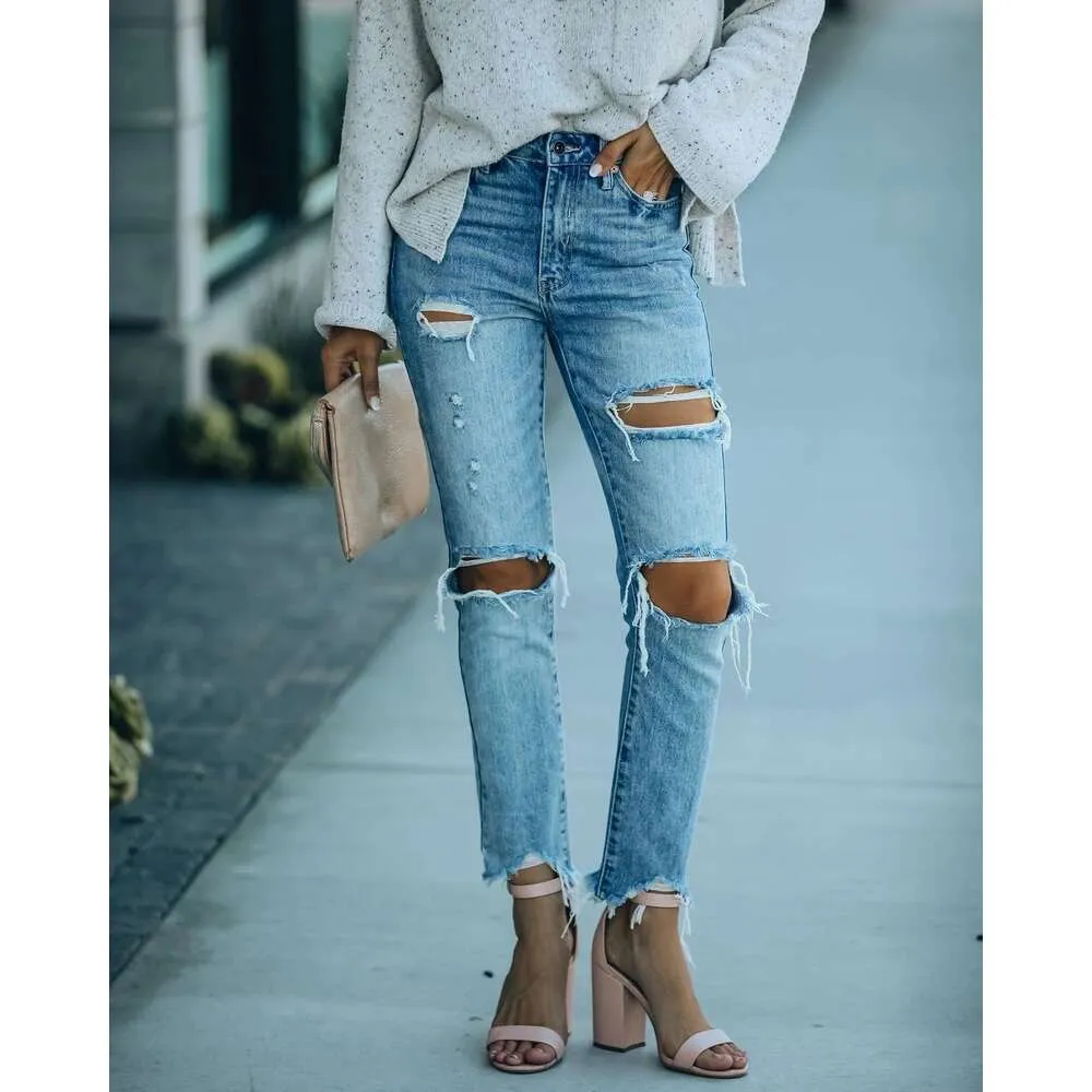Perforowane 2024 Nowe damskie Jeans Street Trendy Washed Slim Fit Prosty Noge Spods