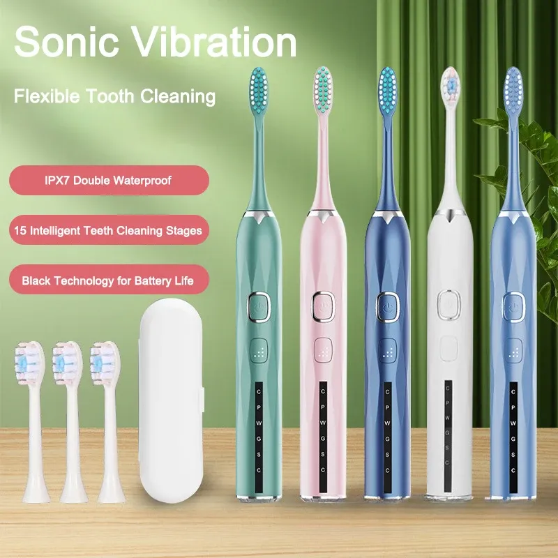 Heads Adult Sonic Electric Tooth Brush Travel Tandborste 15 växlar IPX7 Vattentät laddningsbar blekande tandborste tvättbara 8 borstar