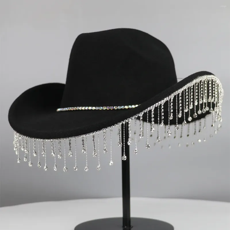 Berets Luxury Designer Winter Wool Felt Fedora With Rhinestone Fringe Fashion Dance Hat Perfermance Party Cowboy Panama Hats