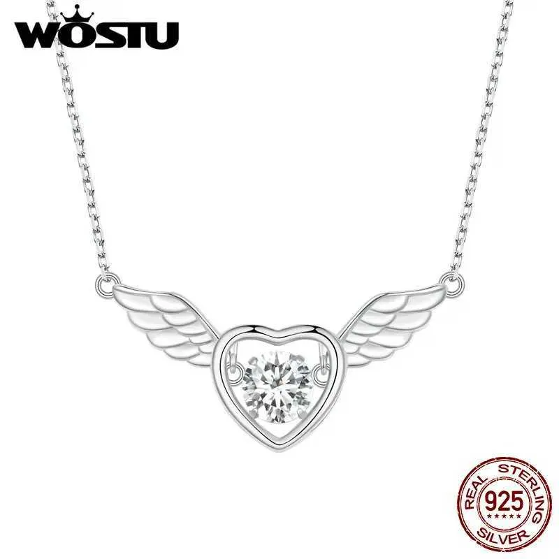Necklaces WOSTU 925 Sterling Silver Angel Wings Heart Pendant Necklace For Woman White Crystal Charms Girl Neck Chain Minimalist Jewelry