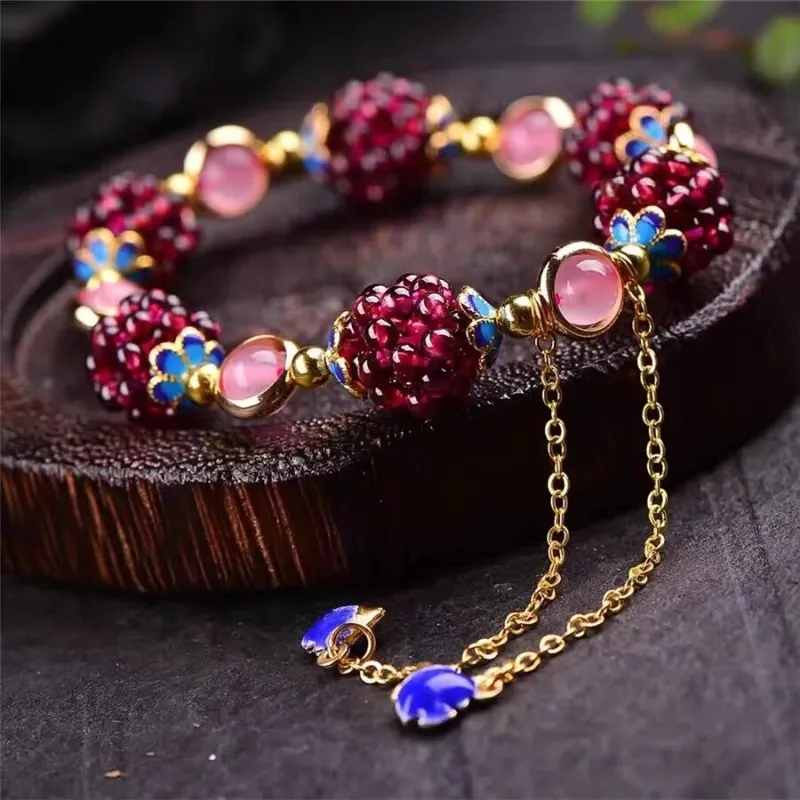 Strands Natural Garnet Bracelet Crystal Healing Energy Stone Grape Flower Ball Agate Bracelet Cloisonne Woven Vintage Jewelry Amulet