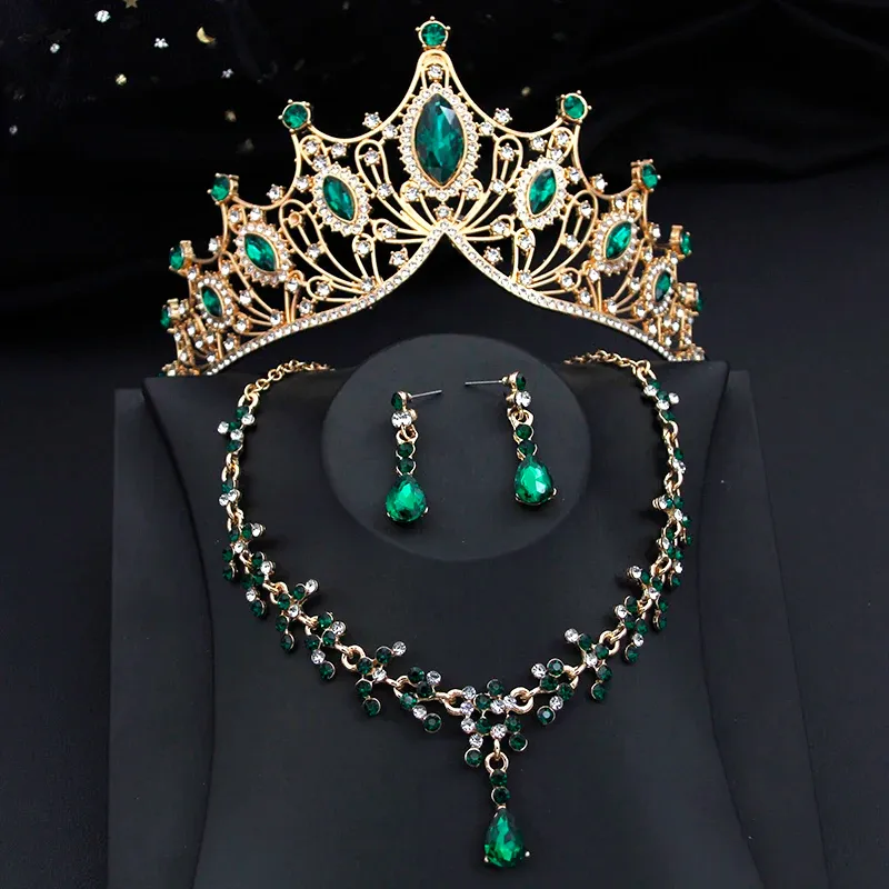 Naszyjniki Zielone zestawy biżuterii ślubnej z tiara Jewellry Zestaw panny młodej Korona i naszyjnik