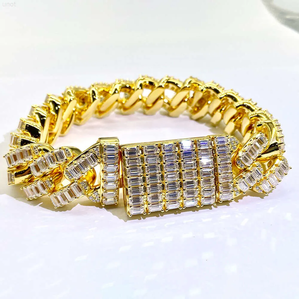 Aaa Gems Emerald Cut Moissanite Cuban Chains Bracelet Solid 925 Sterling Silver Luxury Hip Hop Baguette Bracelet for Rapper