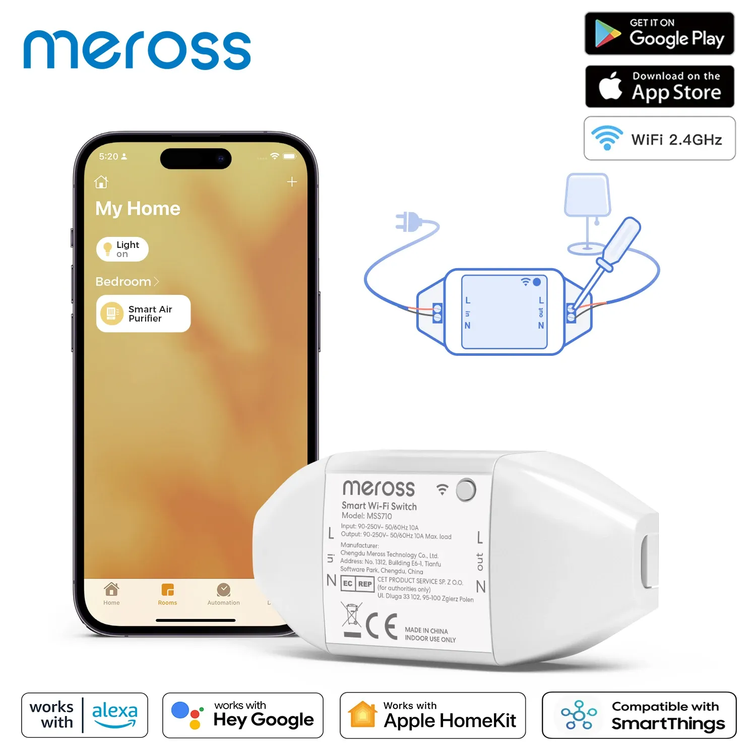 Control Meross HomeKit Diy Smart Switch, WiFi Smart Switches, 1/2/3/4/6 Pack, Support Siri, Apple HomeKit, Alexa, Google Assistant