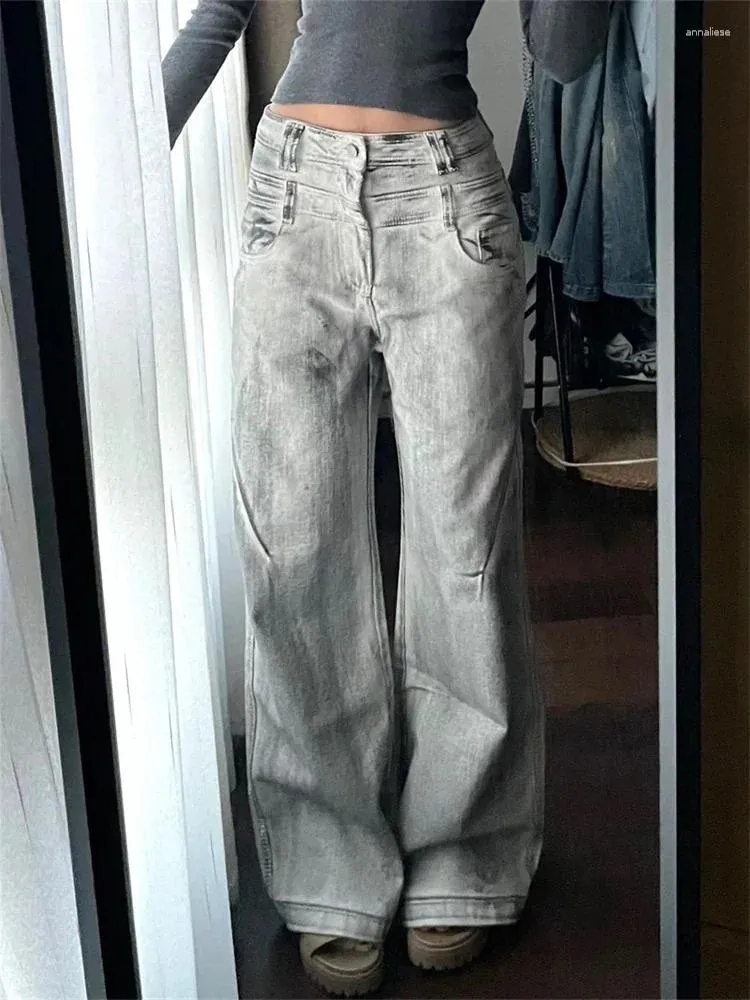 Frauen Jeans schmutzige gefärbte grau -weiße Design Vintage Streetsty