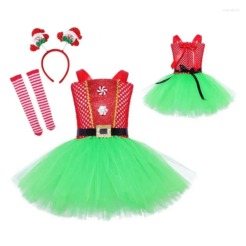 Flickklänningar Santa Claus Dress for Girls Tutu Juldräkt Röd och gröna kvinnor härliga cosplay