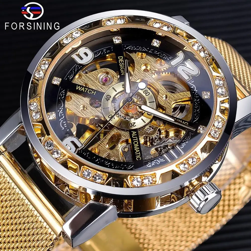 Satser Forssining Diamond Golden Skeleton Mechanical Watch Rostfritt stål Mesh Band Luminous Hand Men Watches Business Wristwatch