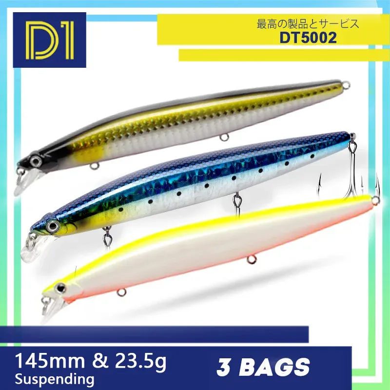 Accessoires D1 Visserij Minnow Lure 145 mm/23,5 g 3pcs Suspending Silent Assassin 140f Wobblers Sea Fishing for Bass Trout Tackle