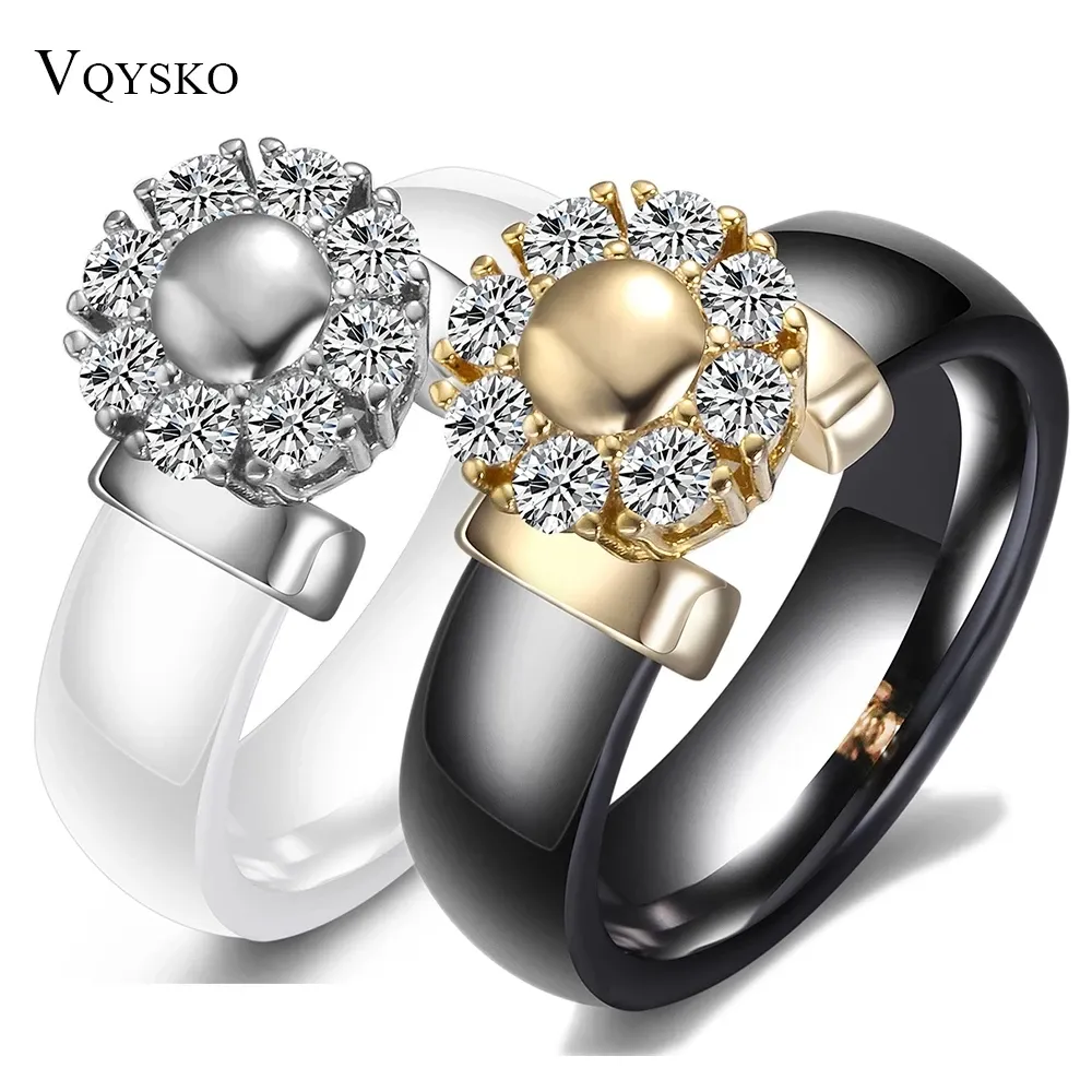 Band svartvit keramiska ringar för kvinnor kubik zirkon rostfritt stål engagemang bröllop ringar eleganta kärleksringar keramiska smycken
