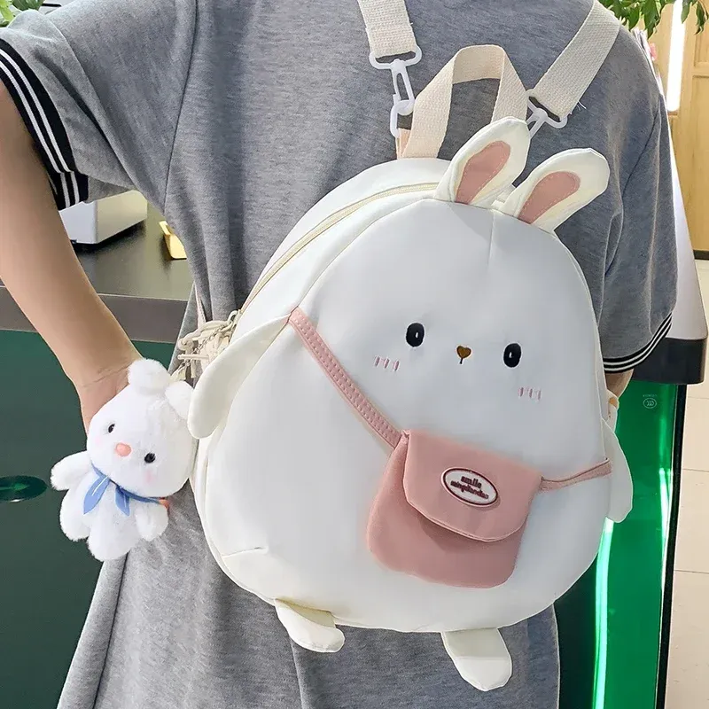 Bolsas adolescentes menina kawaii mochila pano branco pano de nylon macio portátil Rabbit Shape infantil Bunny pingente de cartoon chique chique maconha