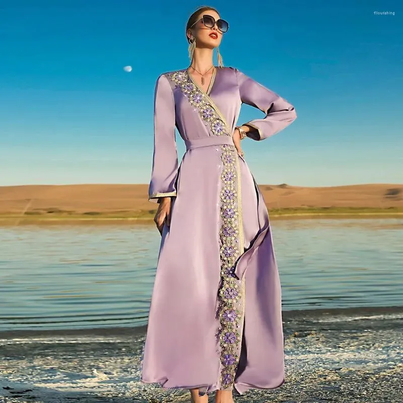 Casual Dresses RunxiangchengWoman Clothing2024 Mist Purple Handmade Glass Diamond Dress Holiday Women