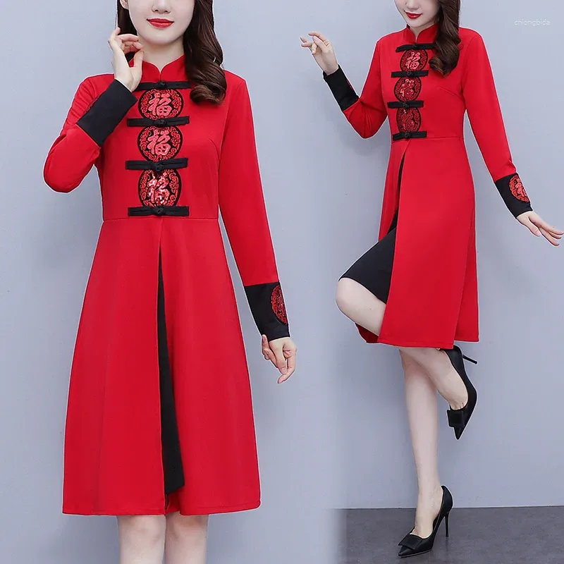 Abiti casual Donne donne in nero e rosso patchwork Qipao Abito diviso Celebrazione Plus size Cheongsam Festival tradizionale cinese Elegante