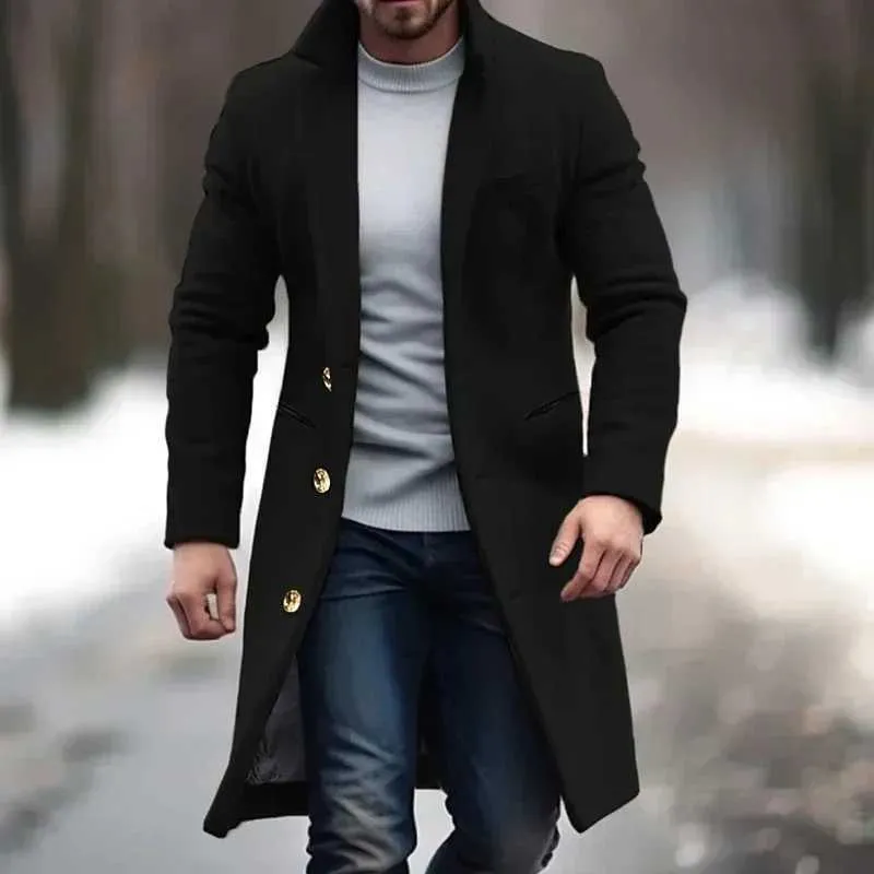 Mens Mid Length Wool Coat 100% Wool Single Breasted Solid Color