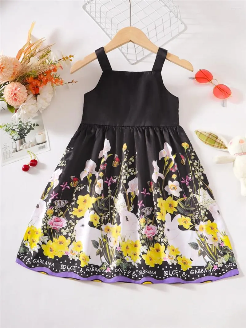 Mädchenkleider 4-8 Jahre Kinder Party Prinzessin Kleid Schwarz-Gurtrock Blumen A-Linie Sommer täglich schön für wenig