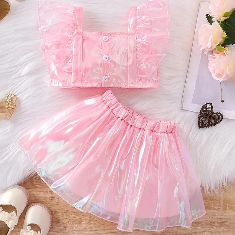 Kläderuppsättningar Citgeesummer Kids Girl Outfit Solid Color Sleeve Tops och Elastic midje kjolar rosa kläduppsättning