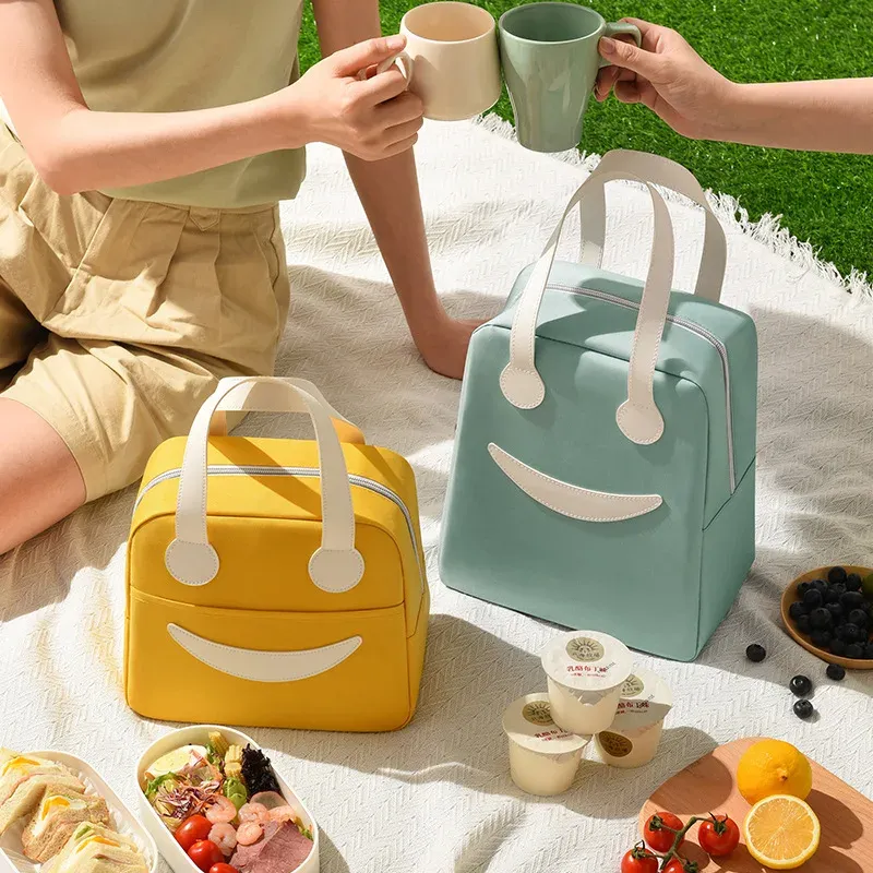 Bags Portable Cute Smile Lunch Bag Insulated Refrigerated Food Safety Girl Warm Food Picnic Office Student Zipper Food Storage Box