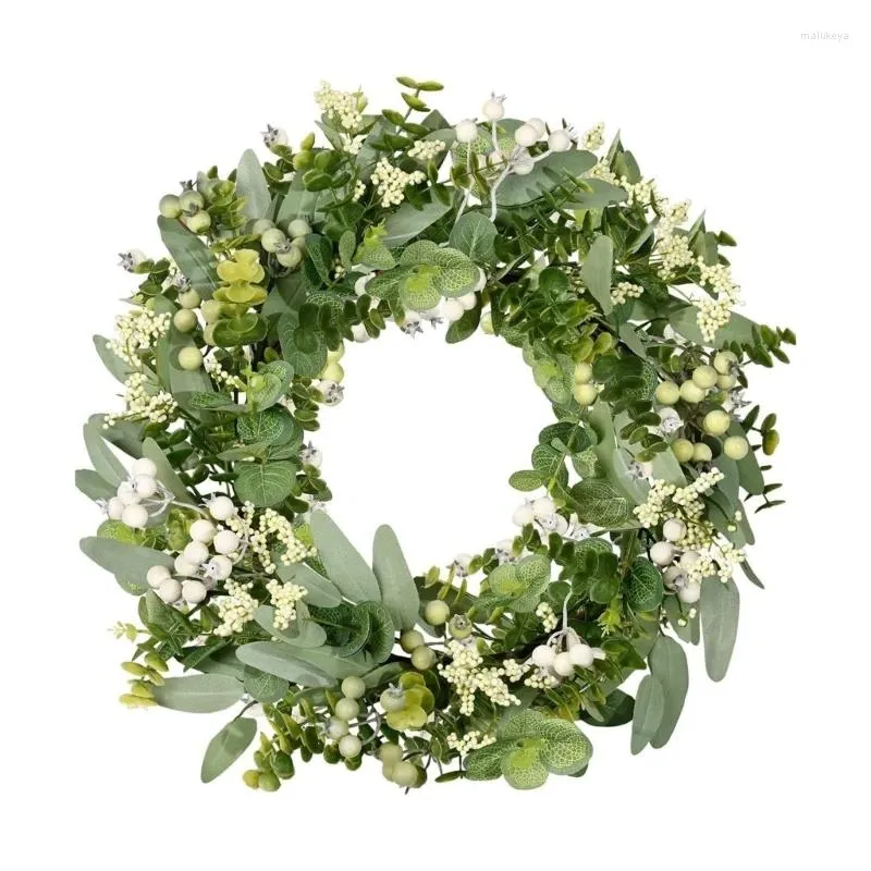 Flores decorativas KX4B Corona verde Eucaliptos artificiales Hojas de vacaciones Holgas Festivas Garlands