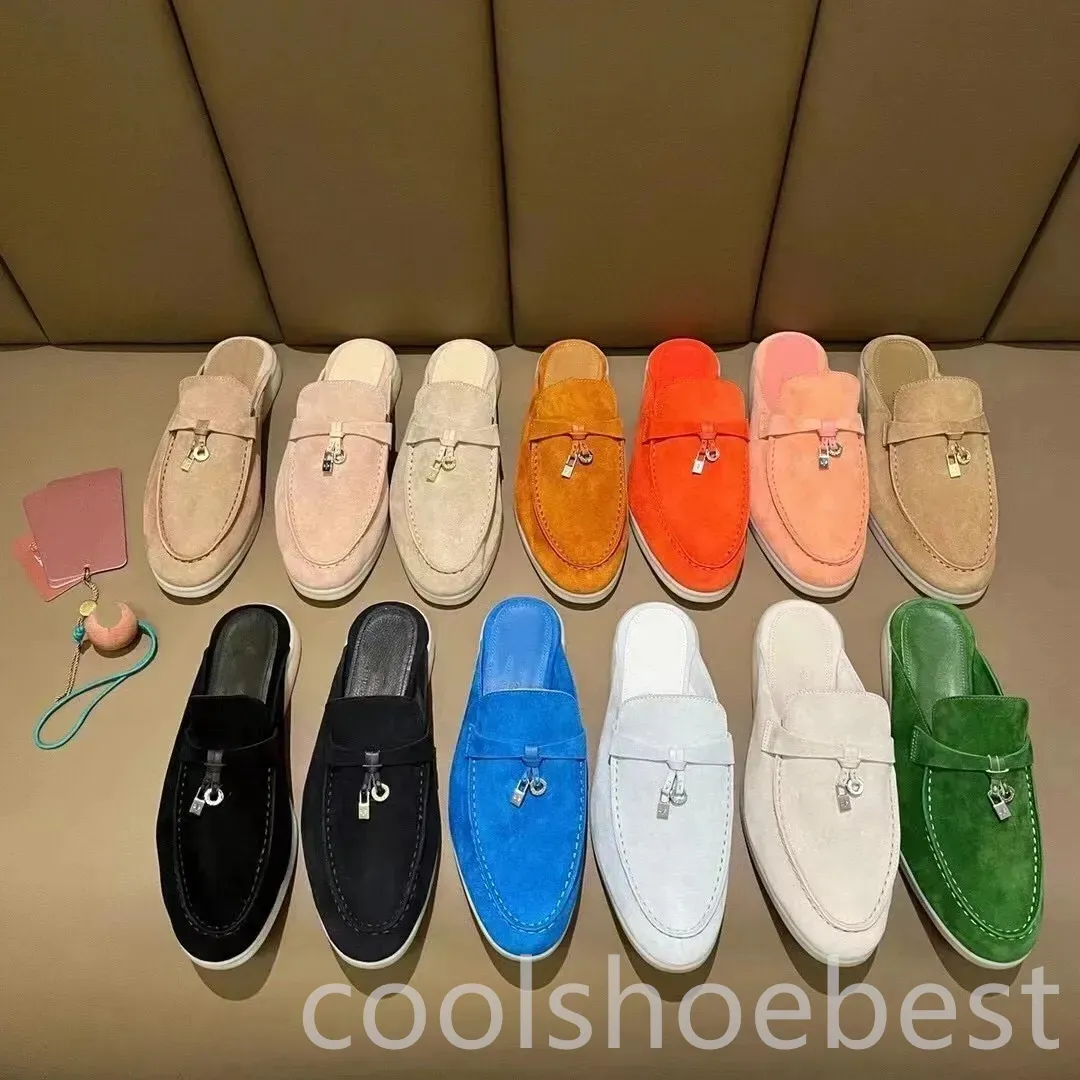 Charms de camurça de camurça de verão Macaroon Luxe Mule Sapatos de couro genuíno Casual Slip em apartamentos para mulheres designers de luxo calçados de fábrica