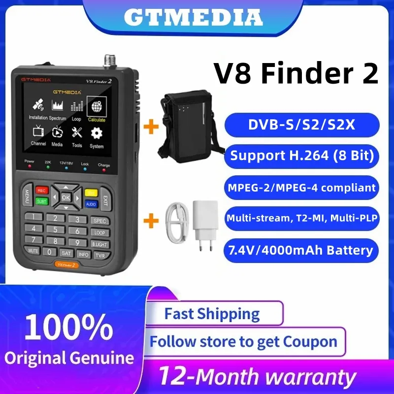 Receptores GTMedia V8 Finder 2 Satellite Signal Finder DVBS/S2/S2X Digital 1080p HD H.264 (8 bits) Receptor de sinal de TV 7.4V Versão cinza