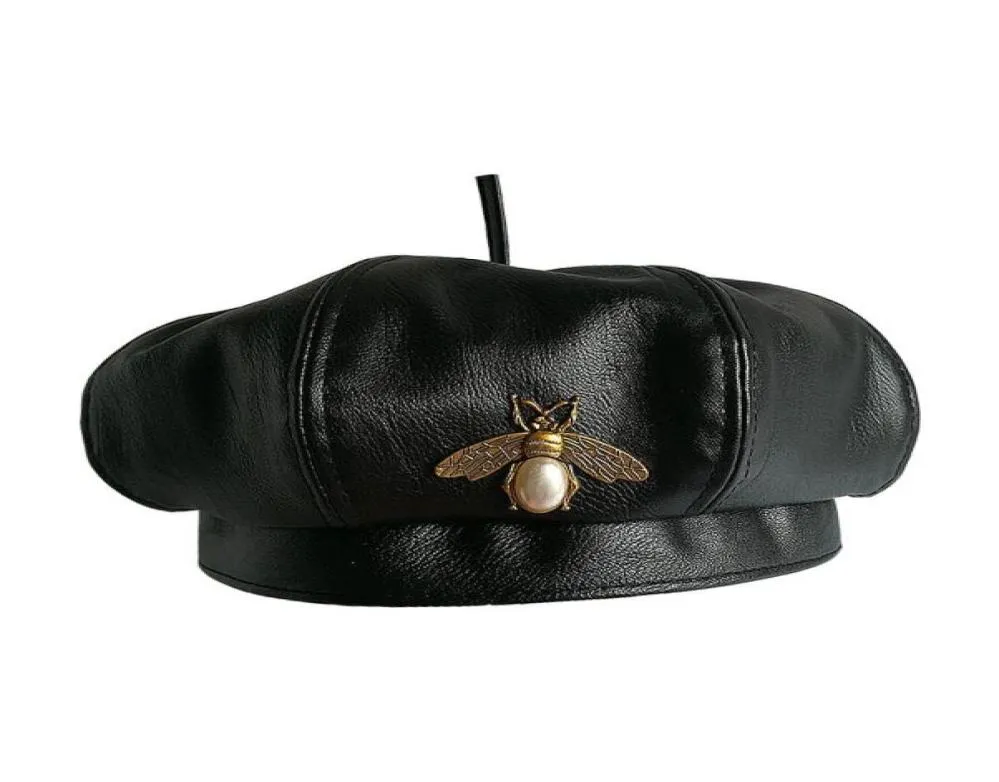 Vintage Bee Brand Fashion Black Pu Leather Hat Women Cap vrouwelijke dames beanie baret meisjes lente en herfst8926546